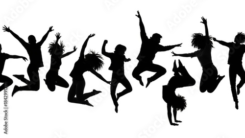 Silhouette of diverse group of people jumping in various poses