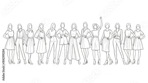 A line drawing of multiple women in various poses and outfits standing together