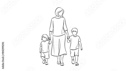 A mother and her two children walking together hand in hand outdoors