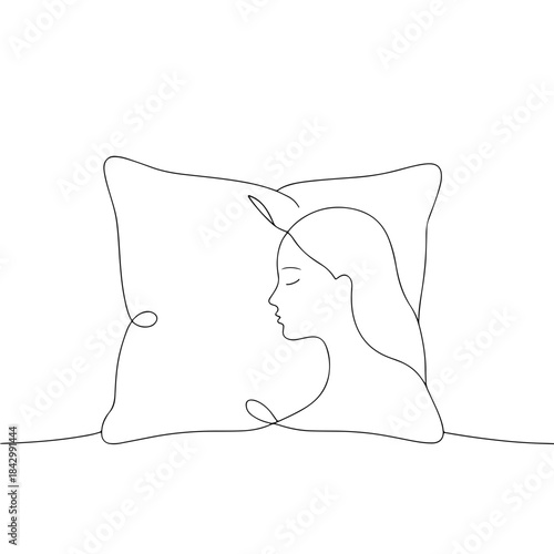 Minimalist line drawing of woman resting her head on pillow  