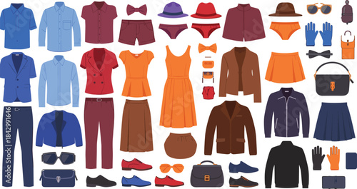 Clothing accessory collection, fashion wardrobe items, stylish outfit elements, seasonal apparel mix, colorful garments set, flat vector illustration