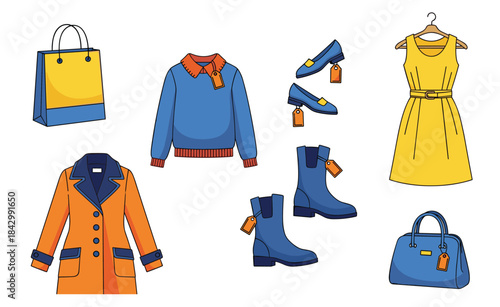 Fashion merchandise illustration set, clothing and accessories with price tags, retail shopping icons, colorful vector design elements