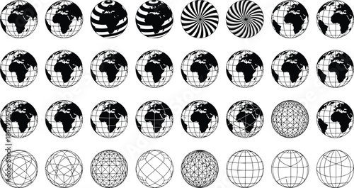 Globe illustration set, Earth icon collection, abstract map graphics, wireframe planet designs, black and white vector art