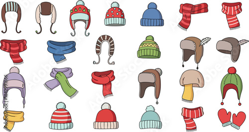 Winter accessories collection, cozy hats, colorful scarves, warm mittens, seasonal clothing set, cold weather fashion, flat vector illustration