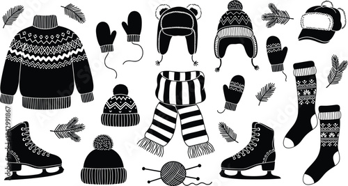 Winter clothing illustration, cozy knitwear set, black and white fashion items, seasonal accessories, coloring page style, flat vector