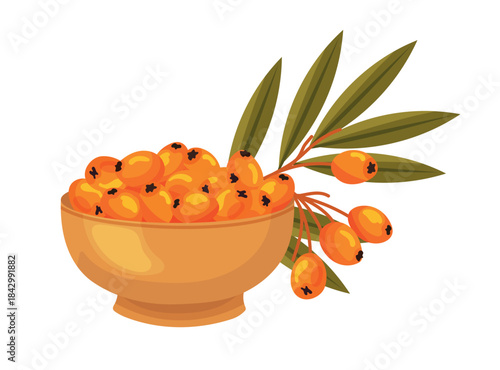 A bowl of sea buckthorn. Flat vector clipart, illustration with isolated background.