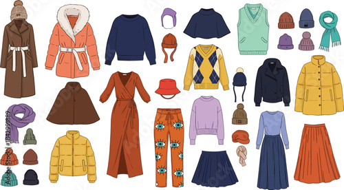 Winter fashion collection, cozy clothing set, seasonal apparel mix, stylish outerwear and accessories, cold weather outfit pack, flat vector illustration