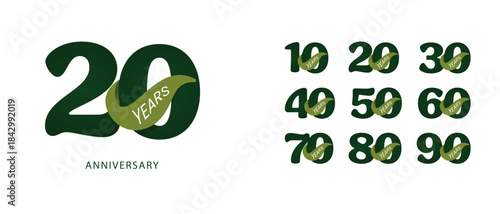 business corporate anniversary logo icon symbol in green color with leaf, concept of sustainable eco friendly environment ecology renewable organic ecological anniversary