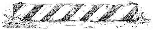 Hand drawn ink sketch of a striped concrete road barrier for construction safety