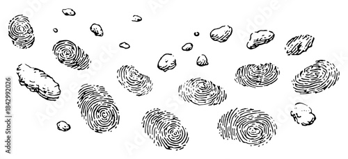 Abstract composition with scattered human fingerprints and floating stones in sketch style