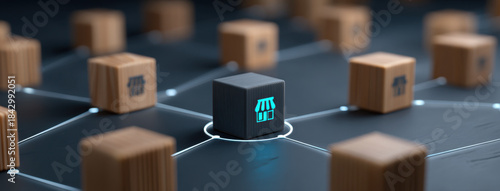 Connected retail network cube on dark grid background with glowing node and wooden store blocks conveying digital commerce and logistics efficiency