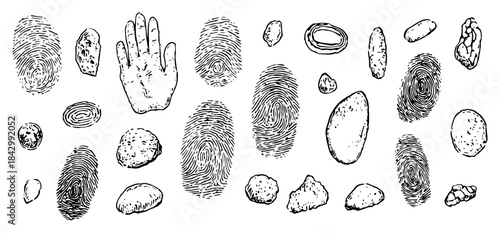 Hand drawn vector set of fingerprints and various stones sketches