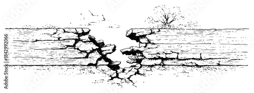 Hand drawn vector sketch of cracked ground with a deep fissure