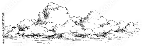 Hand drawn panoramic sketch of fluffy cumulus clouds floating over the horizon