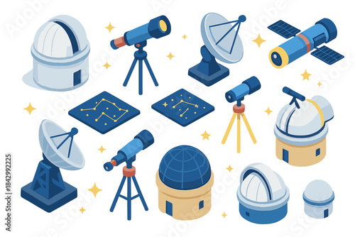 Astronomy flat icon set. featuring observatory, telescope, satellite, radar, star map, and dome symbols