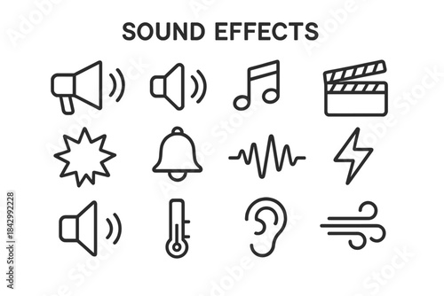 Sound effects linear icon set. featuring speaker, bell, music note, clapperboard, explosion, waveform, and ear symbols