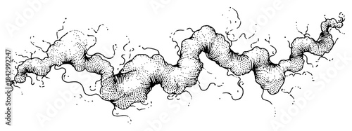 Hand drawn sketch of a twisted organic root or smoke trail with stippling texture