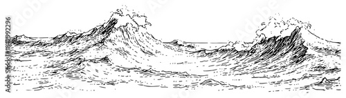 Hand drawn vector illustration of crashing ocean waves in a storm