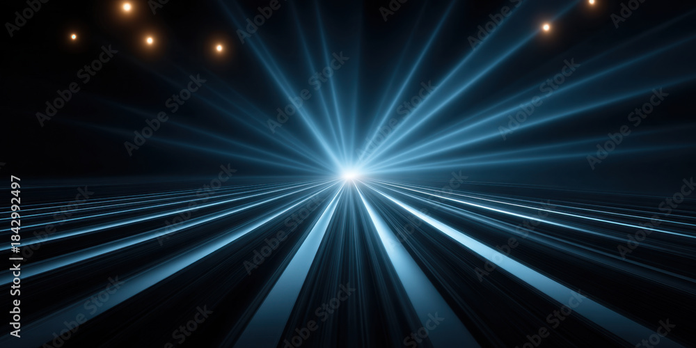 Obraz premium Blue light ray background with radiant center, dramatic perspective and subtle bokeh glow creating dynamic futuristic atmosphere and motion