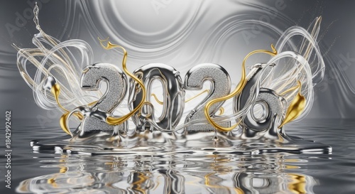 Shiny silver and gold number text represent the year of 2026. Light dances on the reflective surface below, celebrating a happy new year