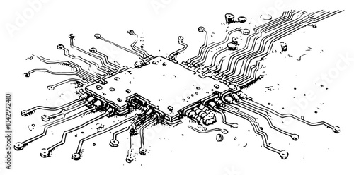 Hand drawn vector sketch of a computer circuit board chip