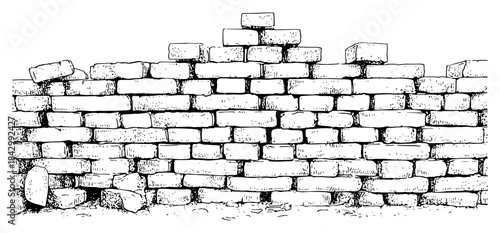 Hand drawn vector sketch of an old ruined brick wall texture