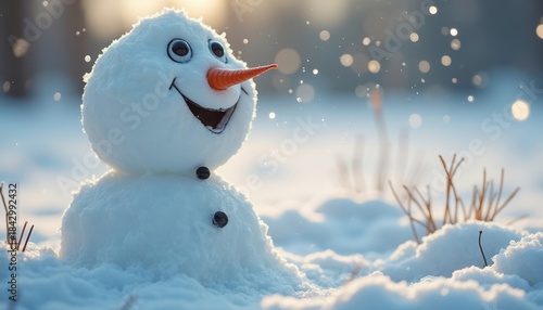 Smiling snowman in snowy landscape with falling snowflakes  