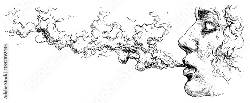 Hand drawn sketch of a human profile face blowing out a cloud of smoke or magical breath