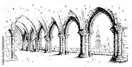 Perspective view sketch of ancient gothic stone arches and columns under a starry night sky