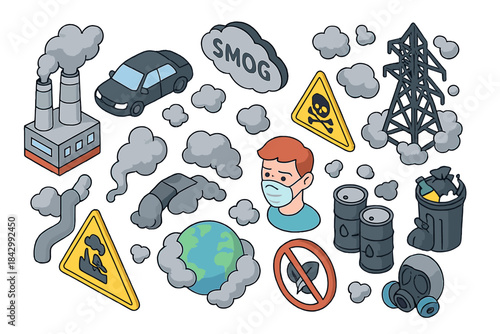 Pollution awareness cartoon icon set. featuring factory, mask, smog, globe, and gas mask symbols
