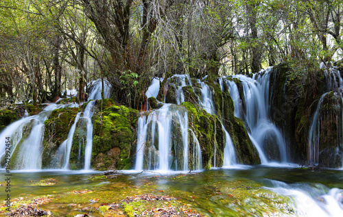 The Arrow Bamboo Waterfall of Jiuzhaigou National park, Sichuan, China. the fall is a stunning cascade in Jiuzhaigou, a UNESCO World Heritage site famous for its colorful lakes and waterfalls.