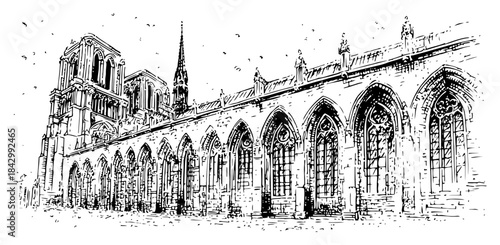 Detailed ink sketch of a majestic gothic cathedral exterior with tall windows and spires