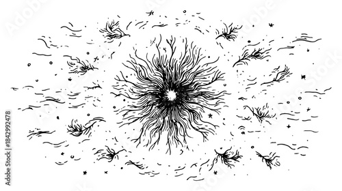 Abstract hand drawn vector sketch of a cosmic sun burst or eye pupil