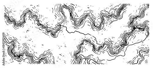 Hand drawn top view sketch of winding topographic map contour lines