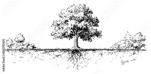 Hand drawn vector sketch of a large oak tree with deep roots and landscape background