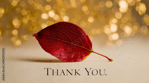 A red maple leaf with a yellow stem set against a blurred background of golden bokeh lights
