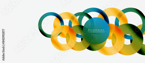 Abstract colorful circles overlap creating dynamic modern design. Gradient hues blend smoothly, offering visual interest.