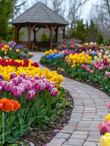 Brick path winds through a garden filled with colorful tulips leading to a gazebo. AI.
