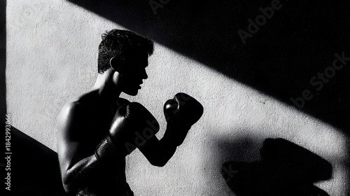 Focused Boxing Training in Minimalist Gym with Strong Shadows and Power