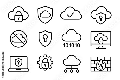 Cloud security linear icon set. featuring data protection, firewall, shield, encryption, and network symbols