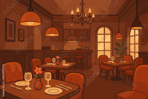 Restaurant atmosphere flat icon set. featuring seats, bar, lights, tables, plants, and chandeliers