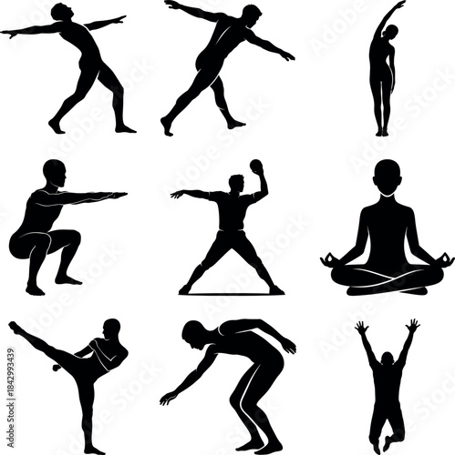 Silhouettes of people performing various yoga poses and dynamic stretching exercises
