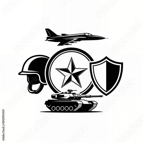 Black and White Military Emblem Vector Illustration with Aircraft Tank and Shield

