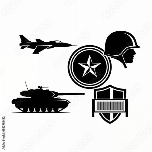 Black and White Military Vector Icons Set with Tank Aircraft Helmet and Shield
