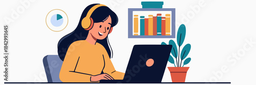 Illustration of a happy young woman wearing headphones, working or studying on a laptop at a desk with books, a plant, and a chart in the background, symbolizing remote education and concentration.