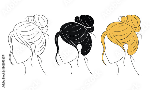 Stylized illustrations of a messy high bun hairstyle in different color options