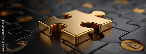 Golden puzzle piece metallic puzzle black background reflective surface elegant composition strategic solution teamwork luxury concept optimistic