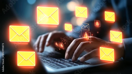 Faceless hands typing on laptop with warning email icons defocused phishing alerts background scam messages detection email security threats visualization spam filtering