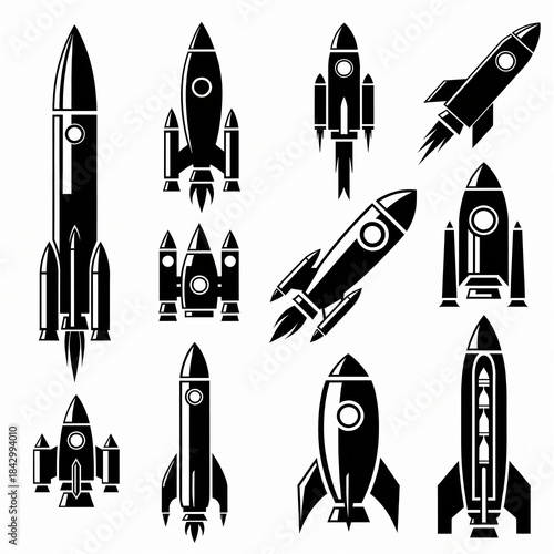 Black and White Rocket Ship Vector Icons Collection with Multiple Spacecraft Designs
