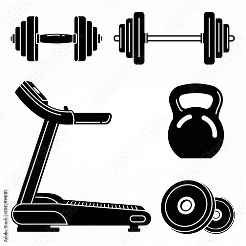 Black and White Fitness Equipment Vector Icons Set with Dumbbell Treadmill and Kettlebell
